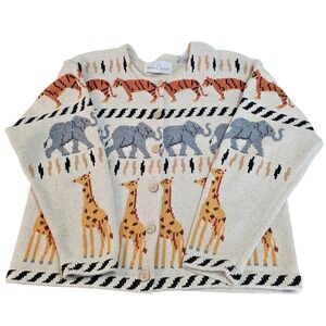 Vintage 90s Janes Closet Safari Animals Silk Blend Cardigan Sweater L AOP Artsy